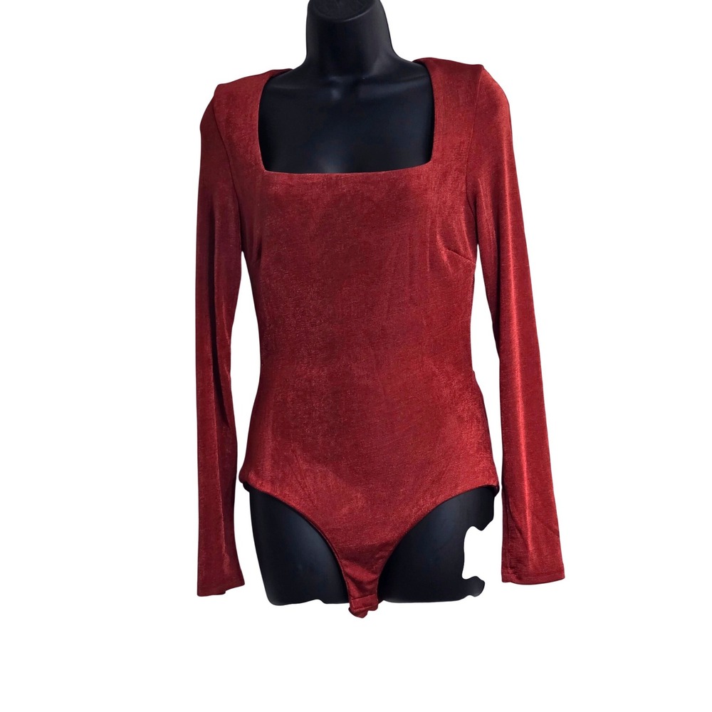 Olivaceous Rust Brown Shimmer Long Sleeve Square Neck Cutout Back Bodysuit Sz M
